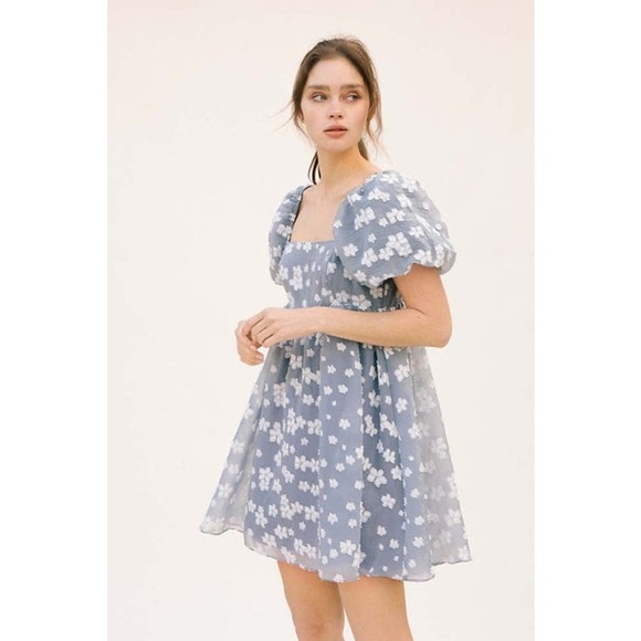 Storia Romantic Floral Babydoll Mini Dress Blue Puff Sleeve Cottage Medium - Picture 4 of 9